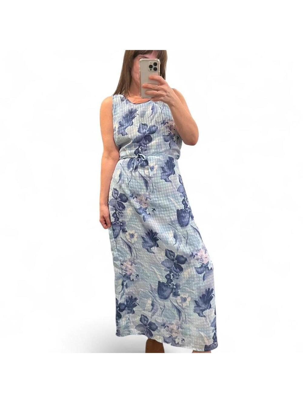 Vintage Y2K Blue Floral Maxi Dress Sheer Overlay